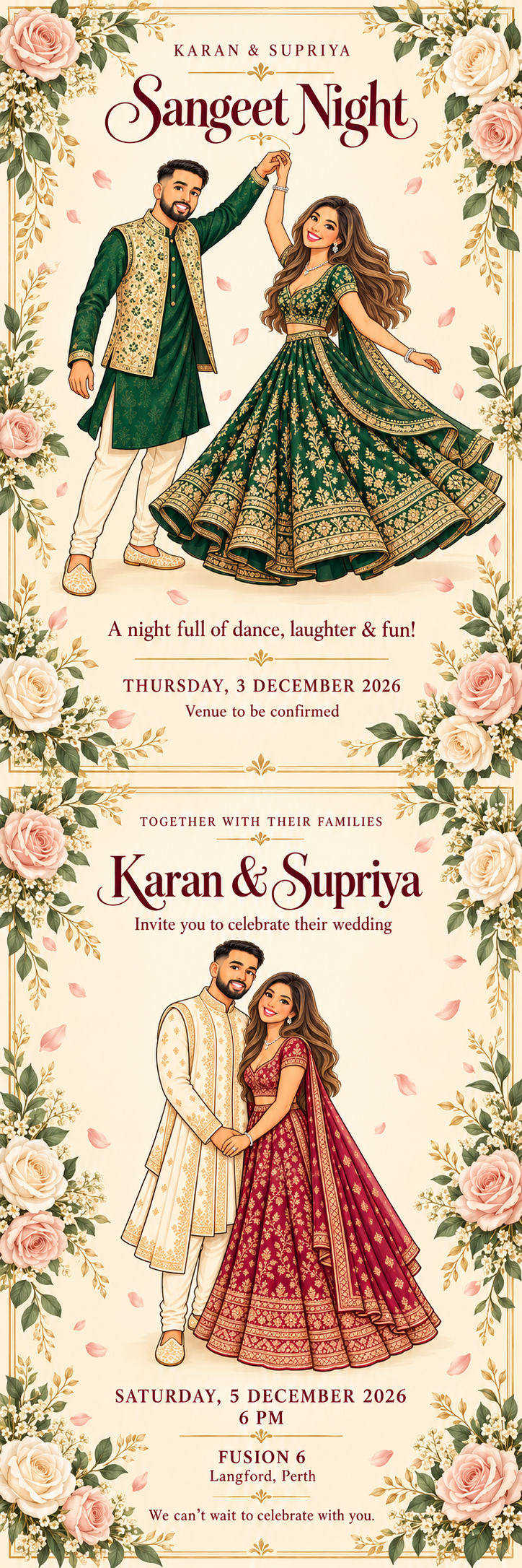 Karan and Supriya’s floral invitation, with their dancing cartoon in emerald and gold above their wedding portrait in ivory and burgundy.